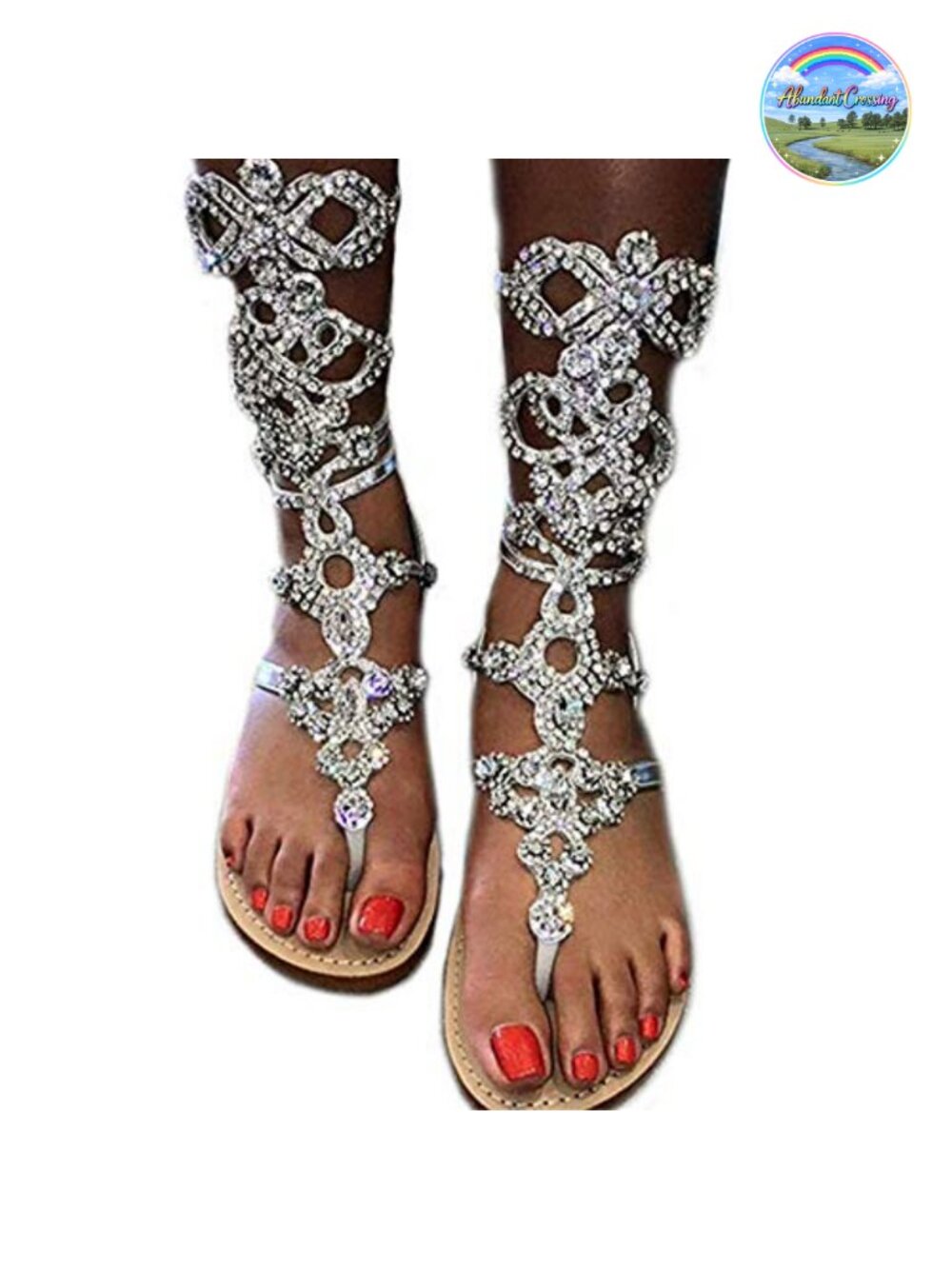 Rhinestone Gladiator Sandals Women Flat PU Slip Resistant Summer Wedding Beach